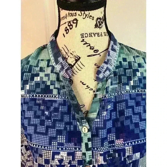 Millennium XL Multicolor Geometric Print Button Down Sheer Blouse Sleeveless - Picture 3 of 6